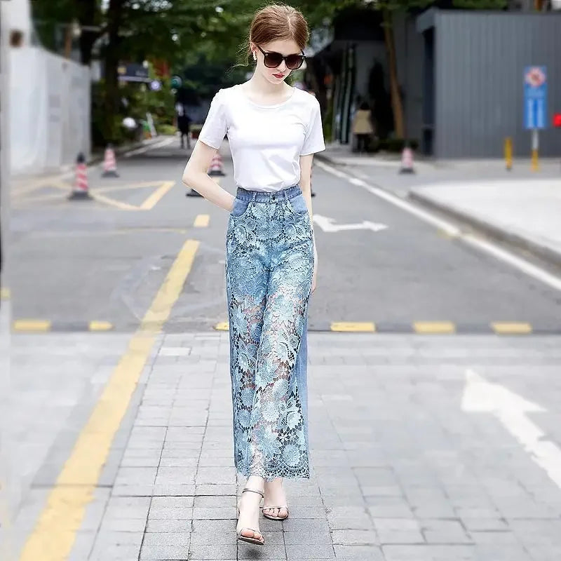 Lace Patchwork Hollow Out Loose Jeans
