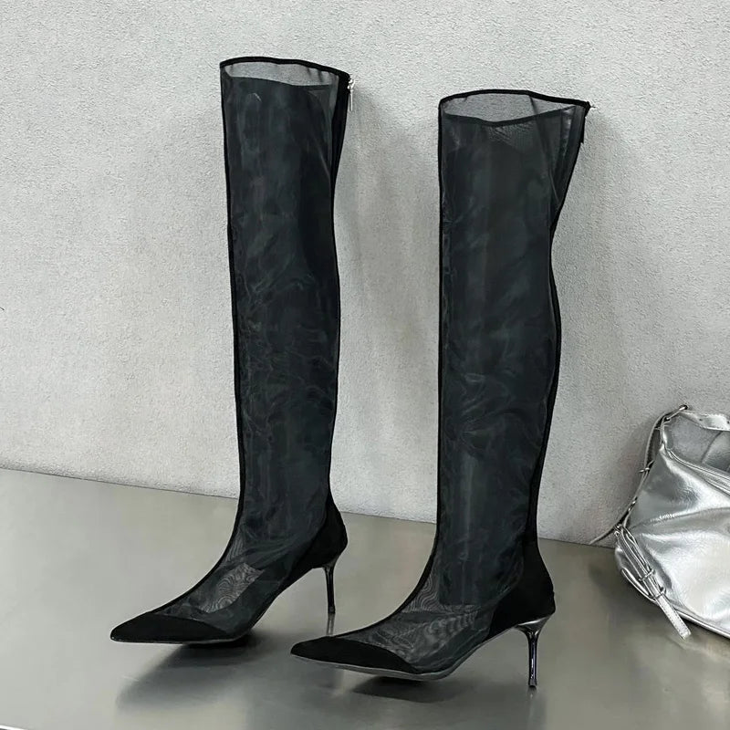 Eilyken Mesh Pointed Toe Over-the-Knee Boot Sandals with Zipper
