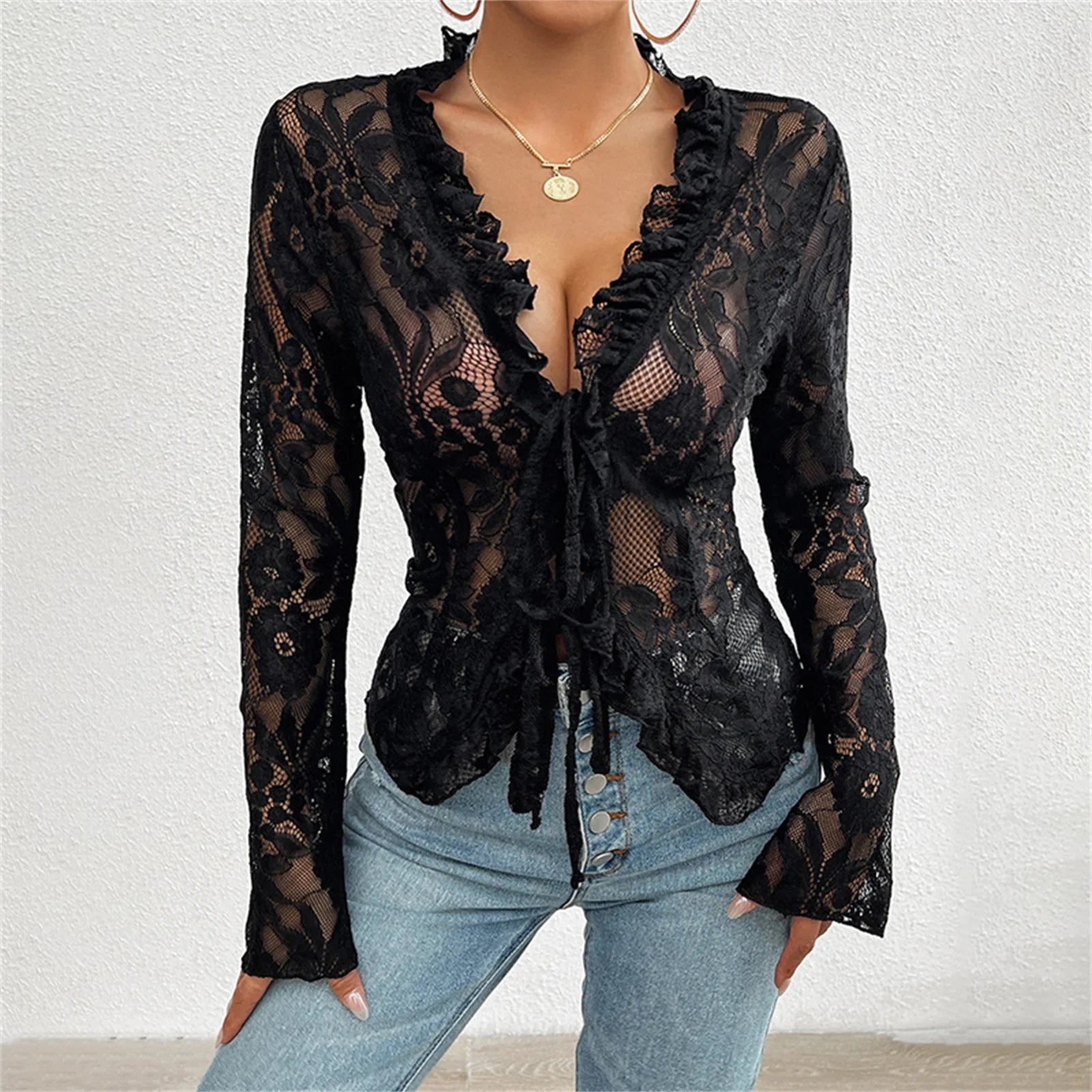Sheer Mesh Lace Tie-Front Top