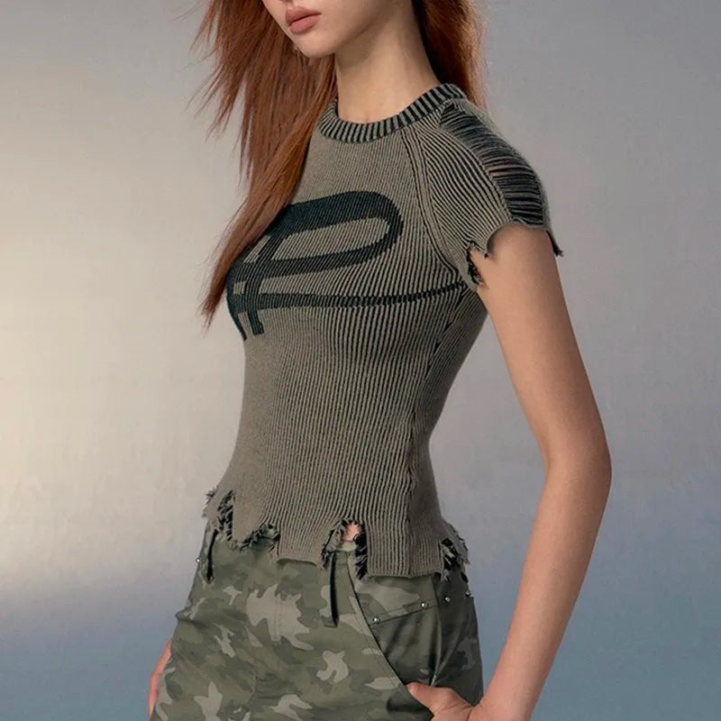 Grunge Distressed Ribbed Crop Top