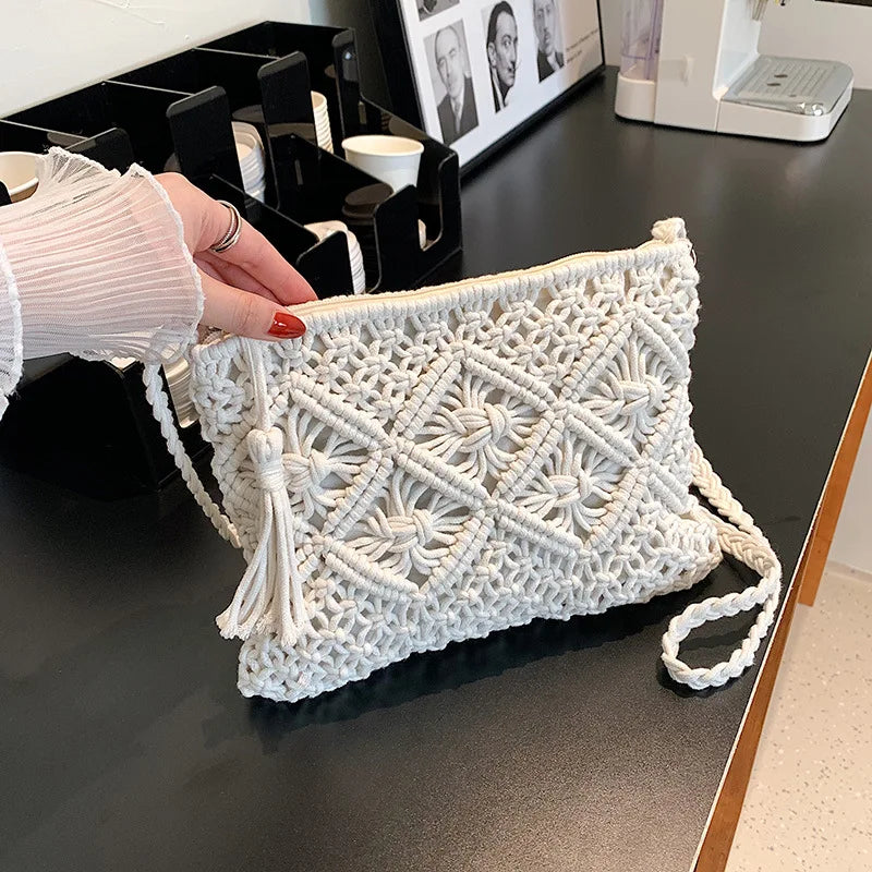 Handmade Cotton Woven Tassel Crossbody Bag for Women