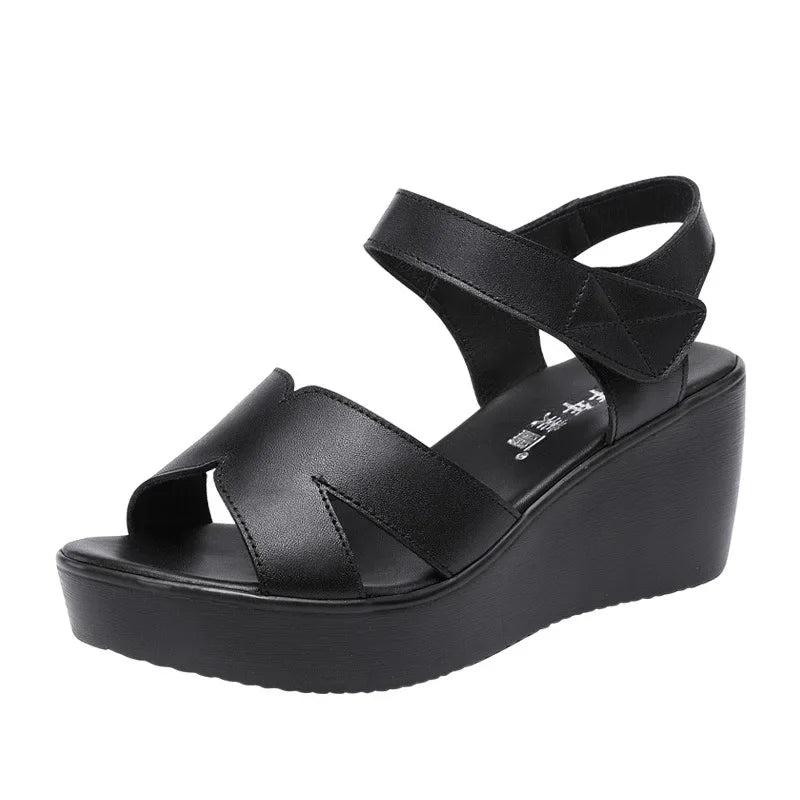 Soft Leather Med Heel Wedge Sandals for Office Beach Plus Size 33-43