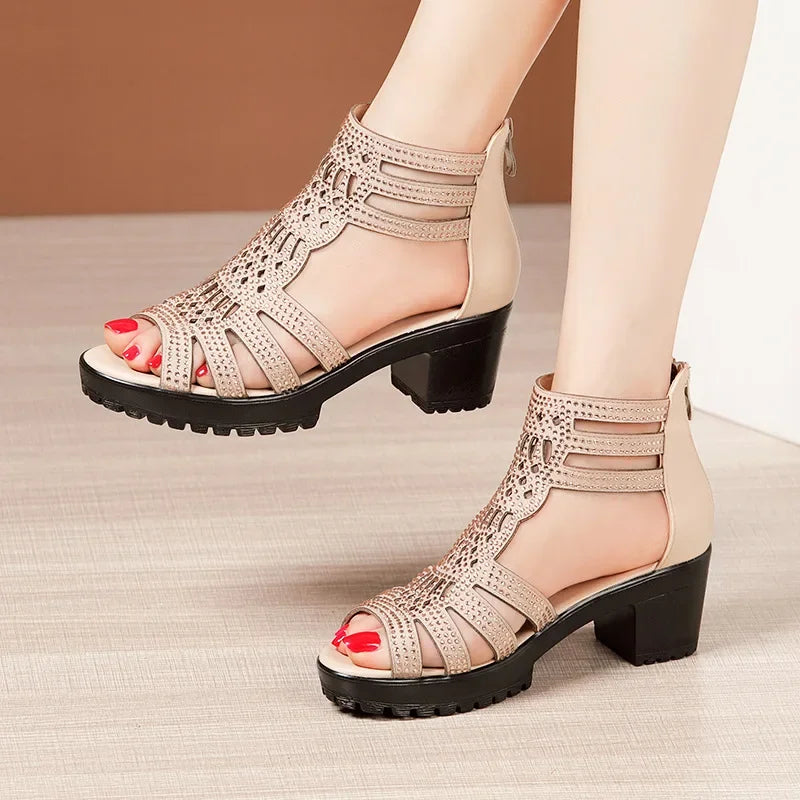 Rhinestone Wedding Platform Sandals Block High Heels Size 32-43