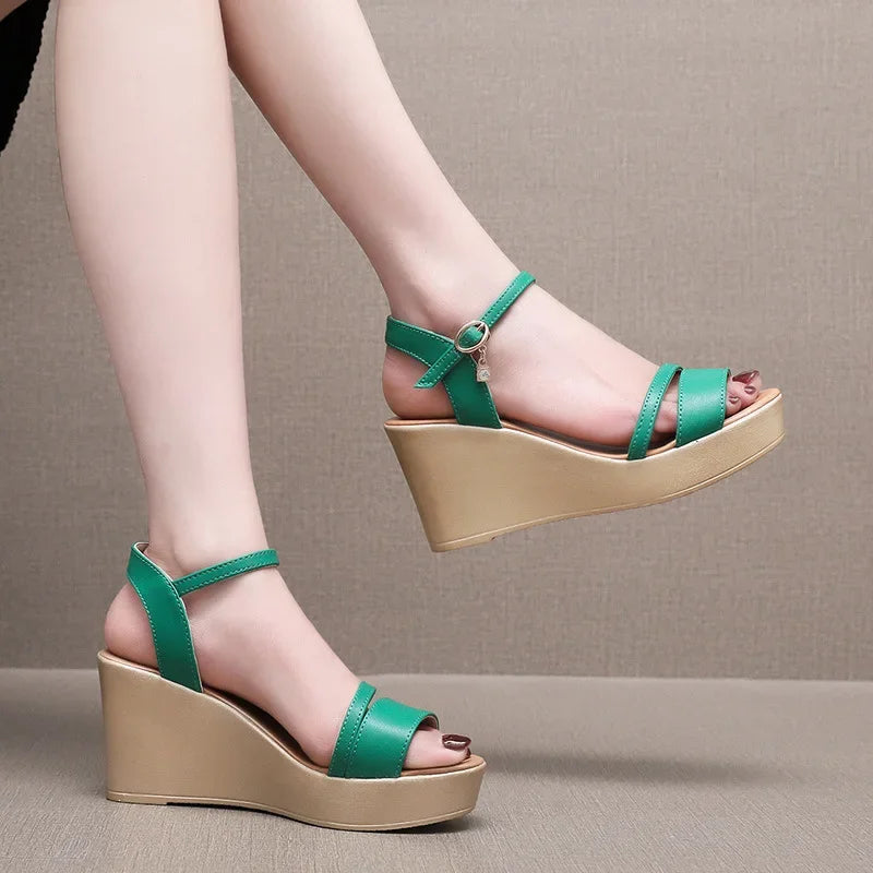 Cowhide Leather Platform Wedge High Heel Sandals Office Beach Size 33-43