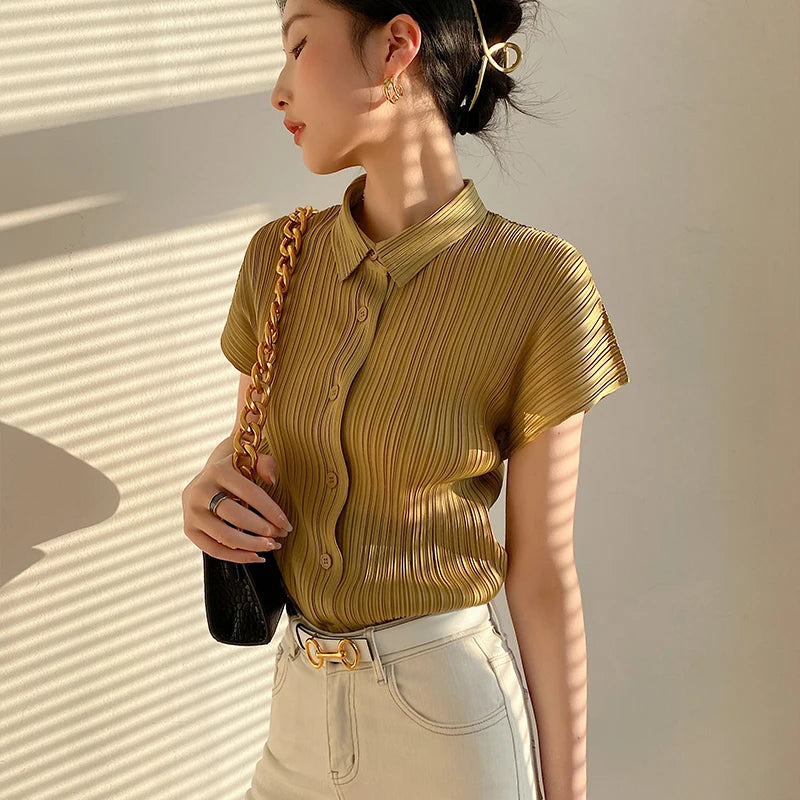 Miyake Pleated Short Sleeve Polo Cardigan