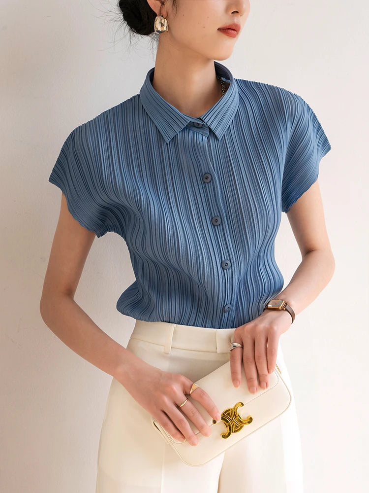 Miyake Pleated Short Sleeve Polo Cardigan