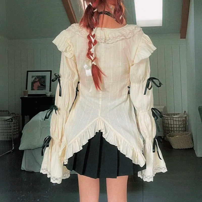 Karrram Y2k Aesthetics Lace Shirt Grunge Gothic Irregular Blouses Fairy Harajuku Bandage Shirt Vintage Lolita Clothes Mall Goth