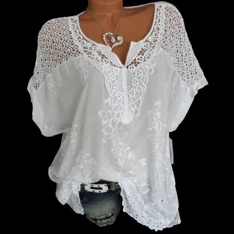 White Lace Patchwork Short Sleeve Blouse