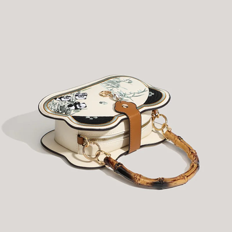 Panda Embroidery Handbag with Bamboo Handle