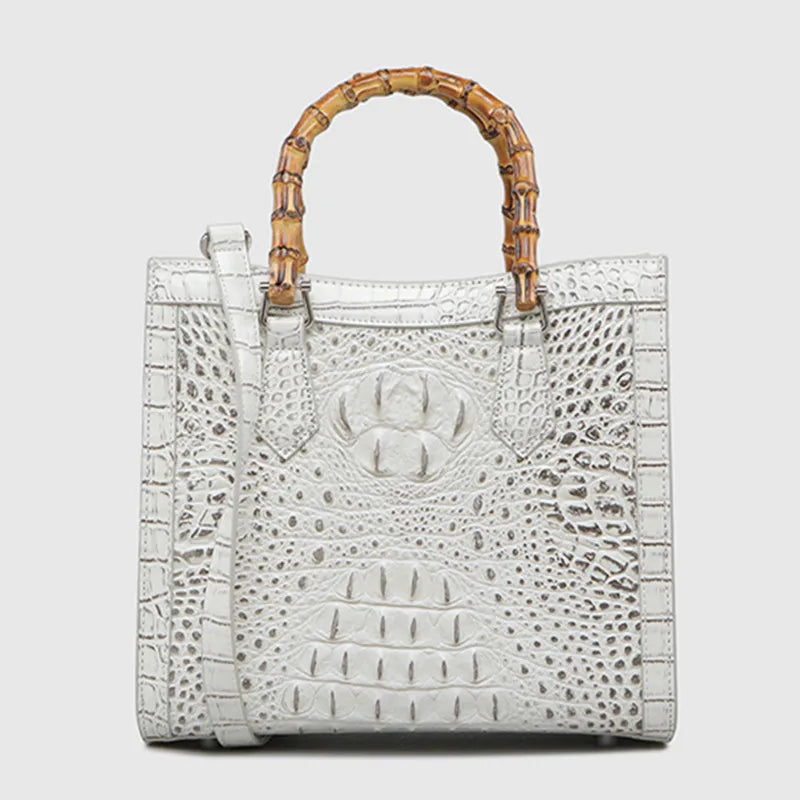 Crocodile Pattern Leather Shoulder Bag with Bamboo Handle