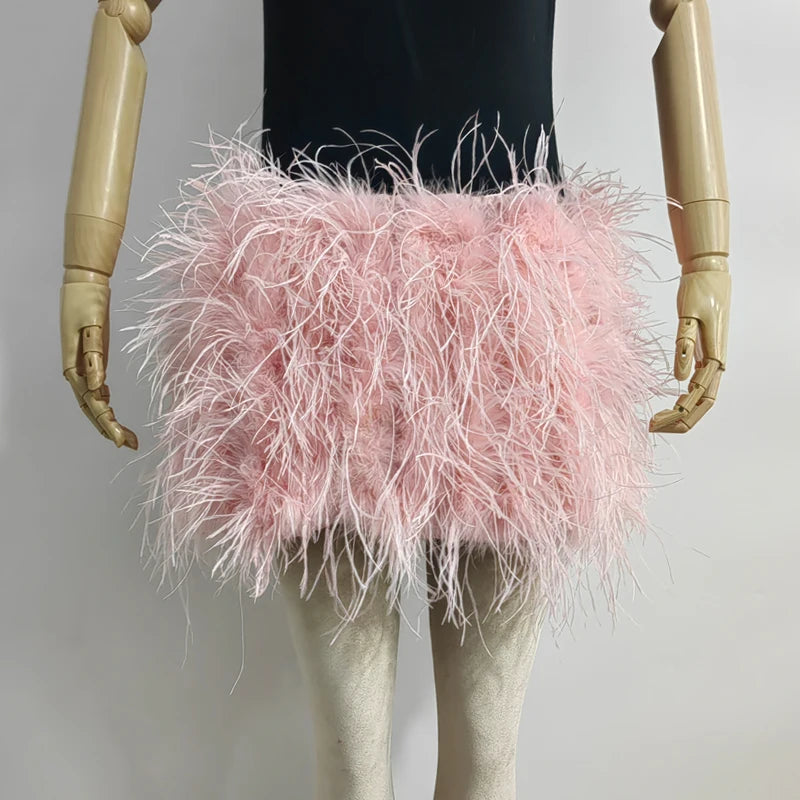 True ostrich feather Multicolor Mini Skirt Elastic Waist  Sexy Clothing Club Party Dance Rave Short Skirt Note select 3 colors