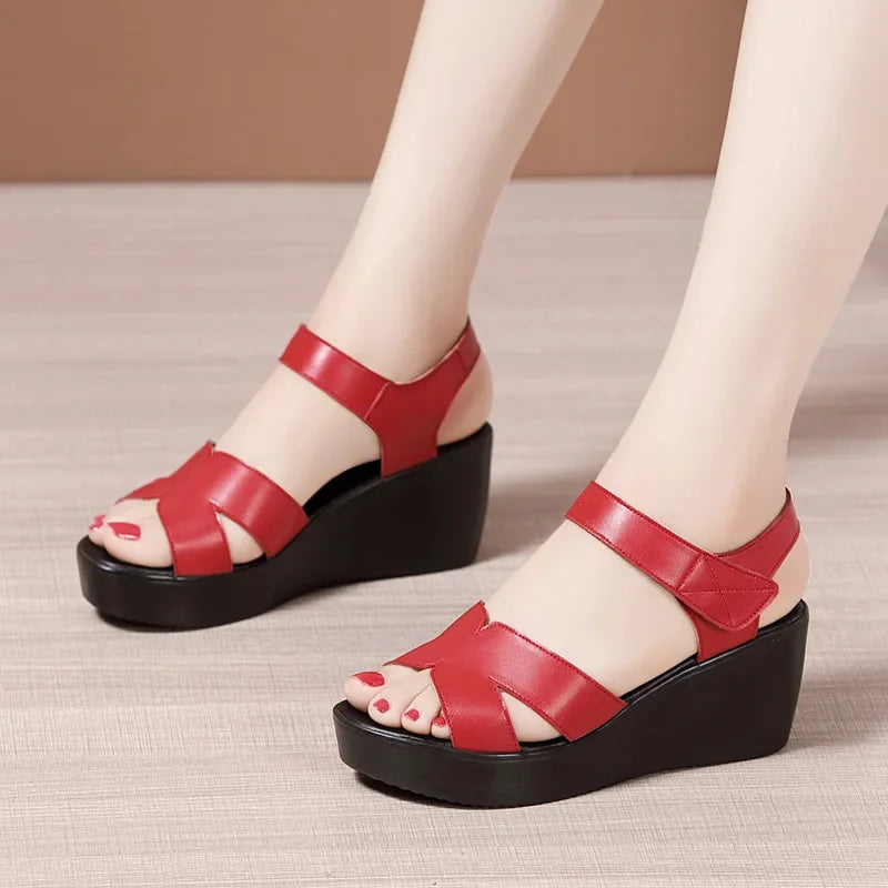 Soft Leather Med Heel Wedge Sandals for Office Beach Plus Size 33-43