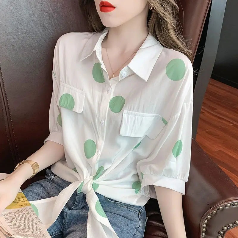 Polka Dot Bow Tie Oversized Blouse