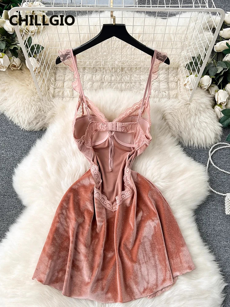 Beaded Velour Lace Patchwork Slip Dress