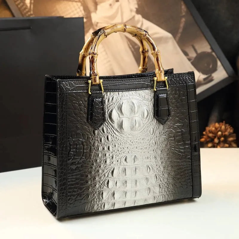 Crocodile Leather Tote Bag with Bamboo Handle