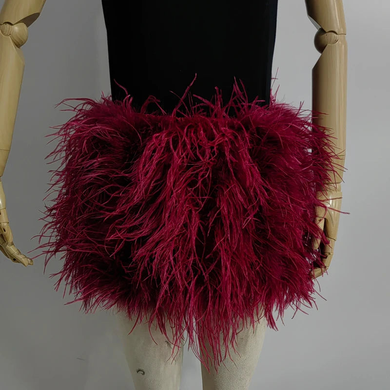 True ostrich feather Multicolor Mini Skirt Elastic Waist  Sexy Clothing Club Party Dance Rave Short Skirt Note select 3 colors