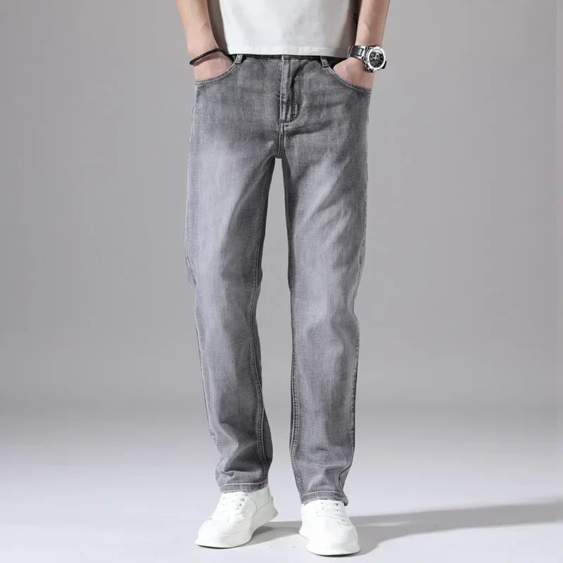 2024 Cotton Stretch Jeans Business Casual Men's Thin Denim Jeans Grey Spring Summer Brand New Fit Straight Lightweight
