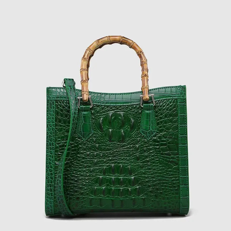 Crocodile Pattern Leather Shoulder Bag with Bamboo Handle