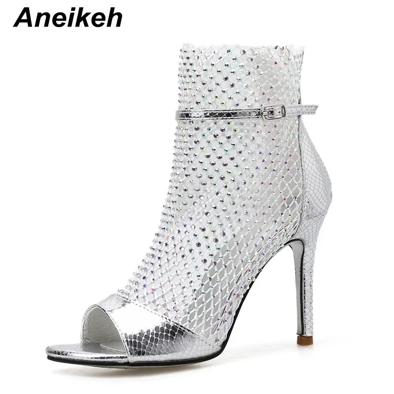 Aneikeh Glitter Gladiator Air Mesh Sexy Sandals High Heel Peep Toe Stripper Zipper Party Thin Heels Pumps