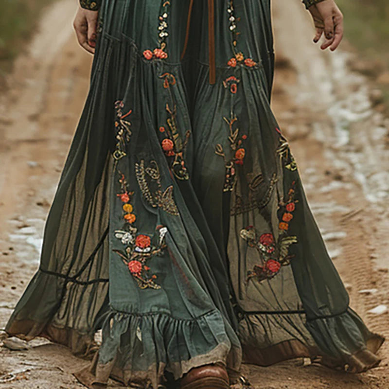 Floral Print Pleated Boho Maxi Dress