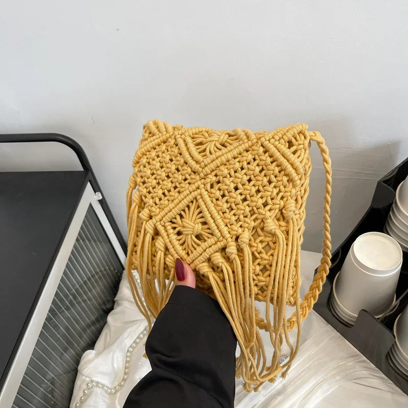 Handmade Cotton Woven Tassel Crossbody Bag for Women