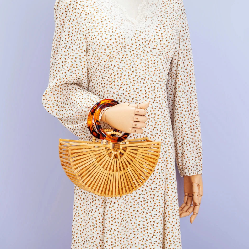 Vintage Half Round Bamboo Beach Bag with Acrylic Handle