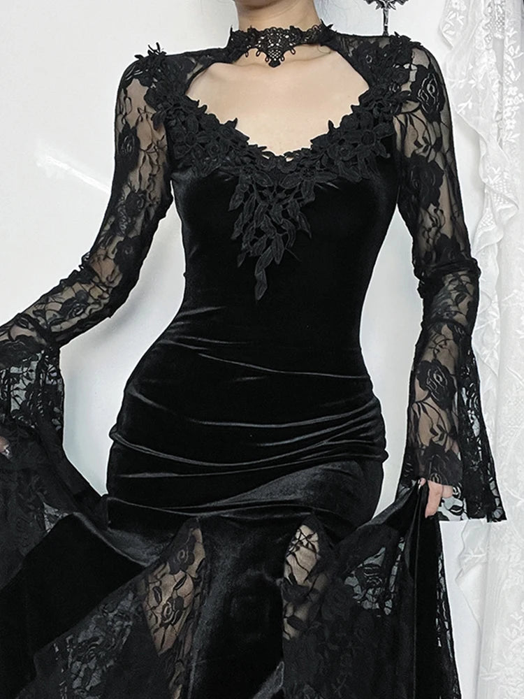 Lace Patchwork Flare Sleeve Midi Dress