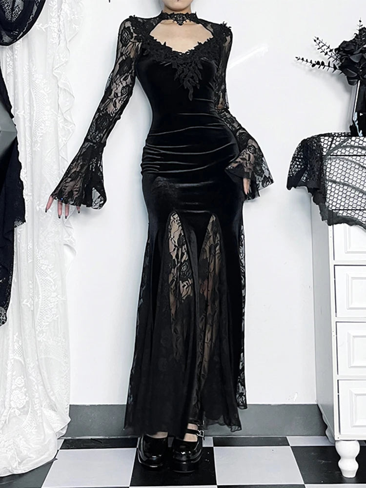 Lace Patchwork Flare Sleeve Midi Dress