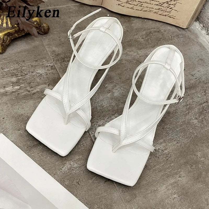 Eilyken Summer Fashion Square Pinch Open Narrow Band Women Sandals Ankle Buckle Strap Thin Heels