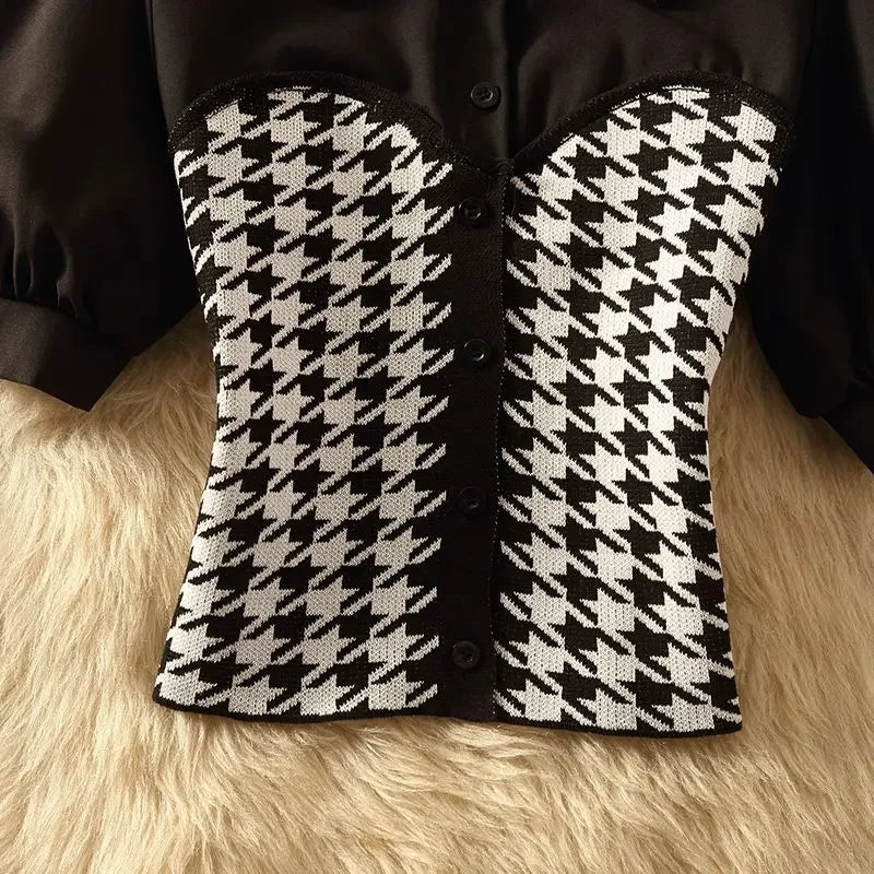 Houndstooth Polo Collar Puff Sleeve Top