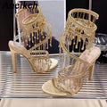 Aneikeh Silk Rhinestone String Bead Ankle Strap High Heel Sandals