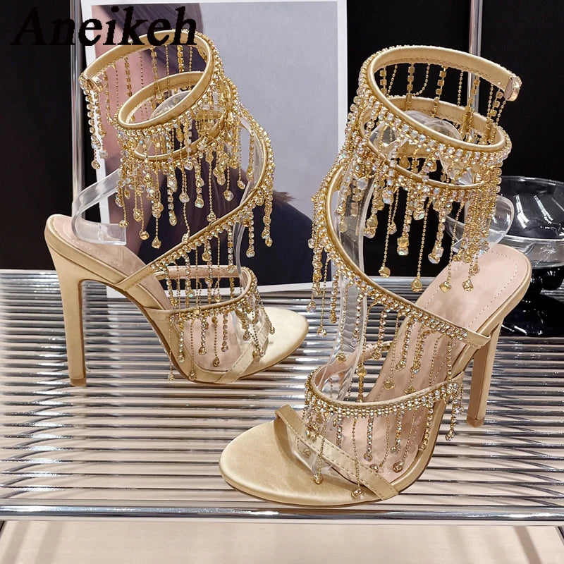 Aneikeh Silk Rhinestone String Bead Ankle Strap High Heel Sandals