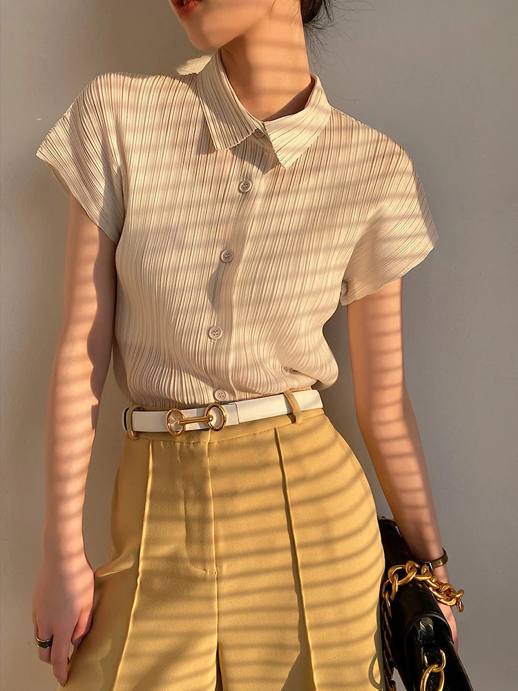 Miyake Pleated Short Sleeve Polo Cardigan