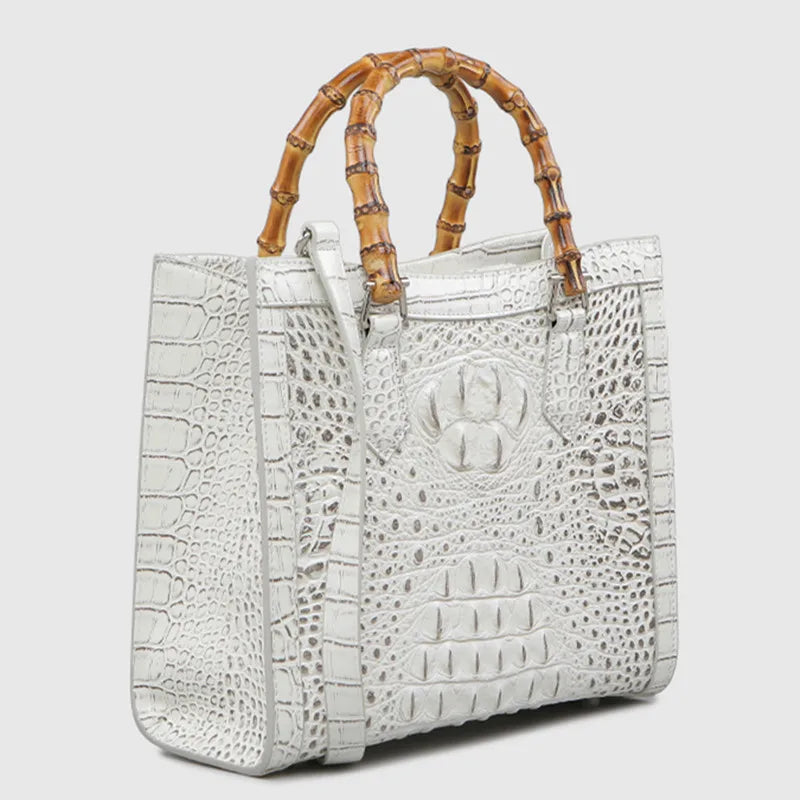 Crocodile Pattern Leather Shoulder Bag with Bamboo Handle