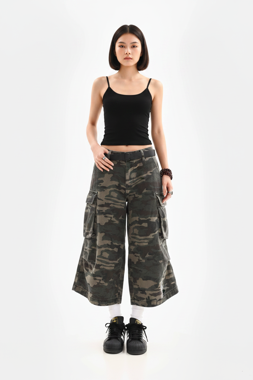 Camo Loose Cargo Capri Shorts