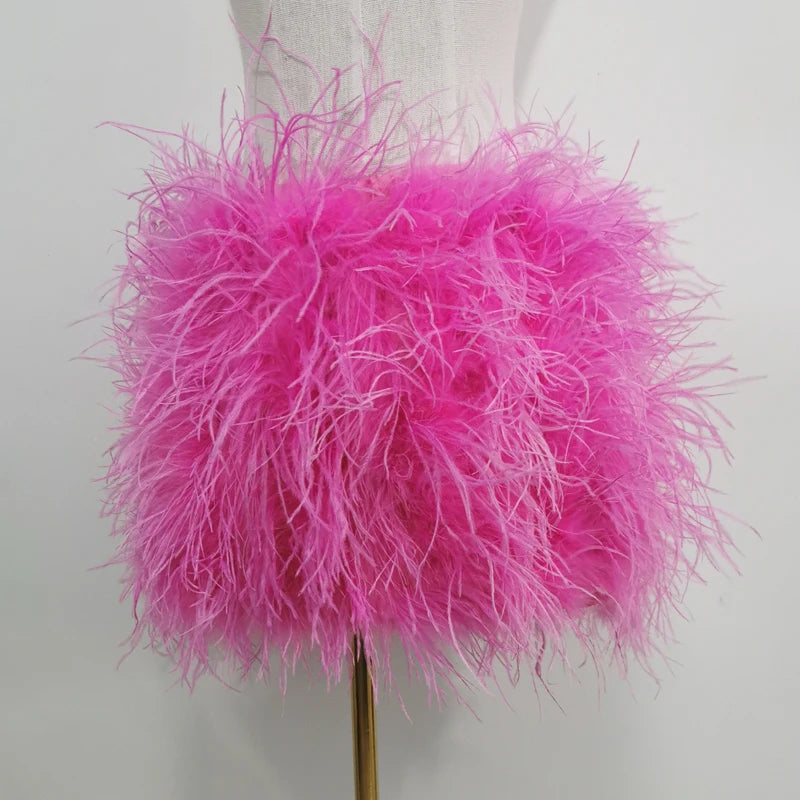 True ostrich feather Multicolor Mini Skirt Elastic Waist  Sexy Clothing Club Party Dance Rave Short Skirt Note select 3 colors
