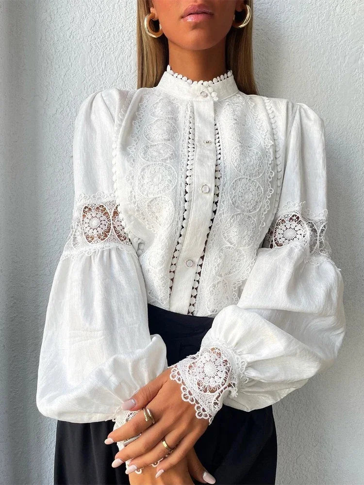 White Lace Puff Sleeve Blouse