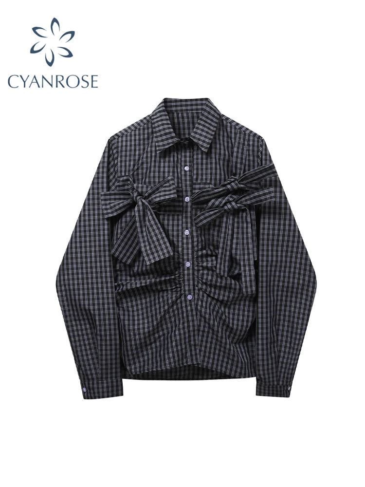Y2K Plaid Bow Long Sleeve Shirt