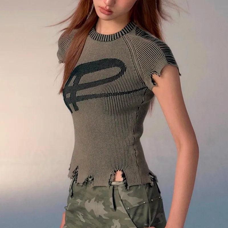 Grunge Distressed Ribbed Crop Top