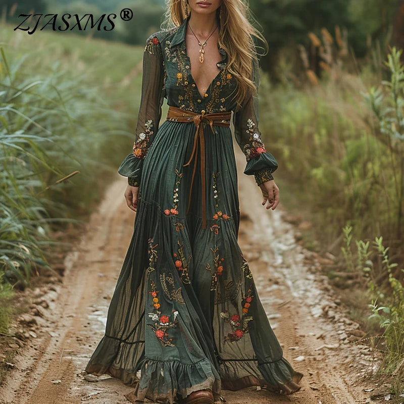 Floral Print Pleated Boho Maxi Dress