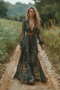 Floral Print Pleated Boho Maxi Dress