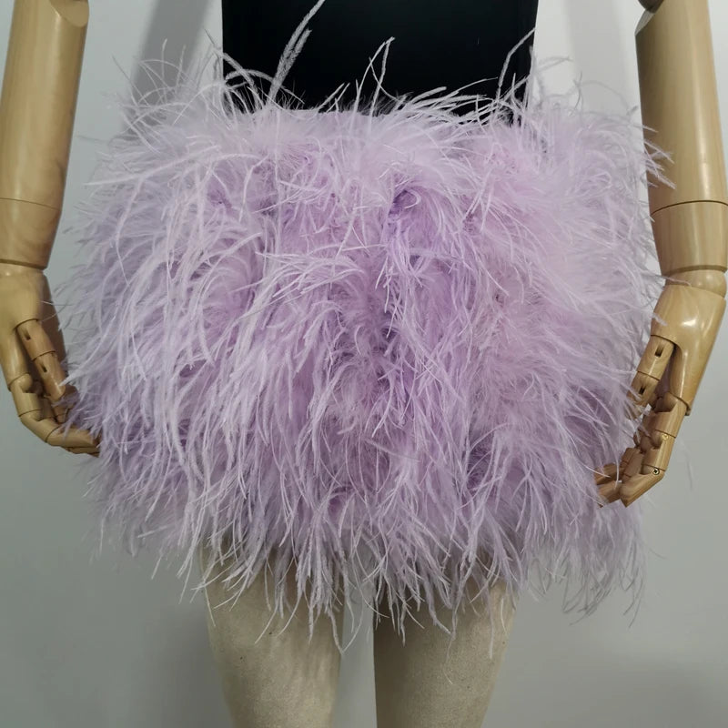 True ostrich feather Multicolor Mini Skirt Elastic Waist  Sexy Clothing Club Party Dance Rave Short Skirt Note select 3 colors