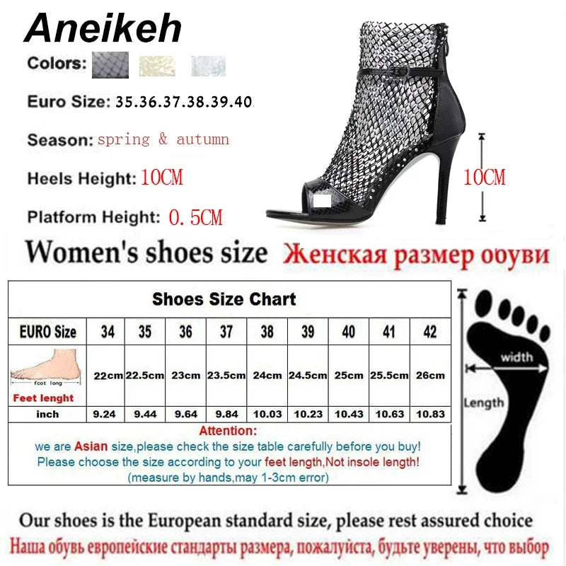 Aneikeh Glitter Gladiator Air Mesh Sexy Sandals High Heel Peep Toe Stripper Zipper Party Thin Heels Pumps