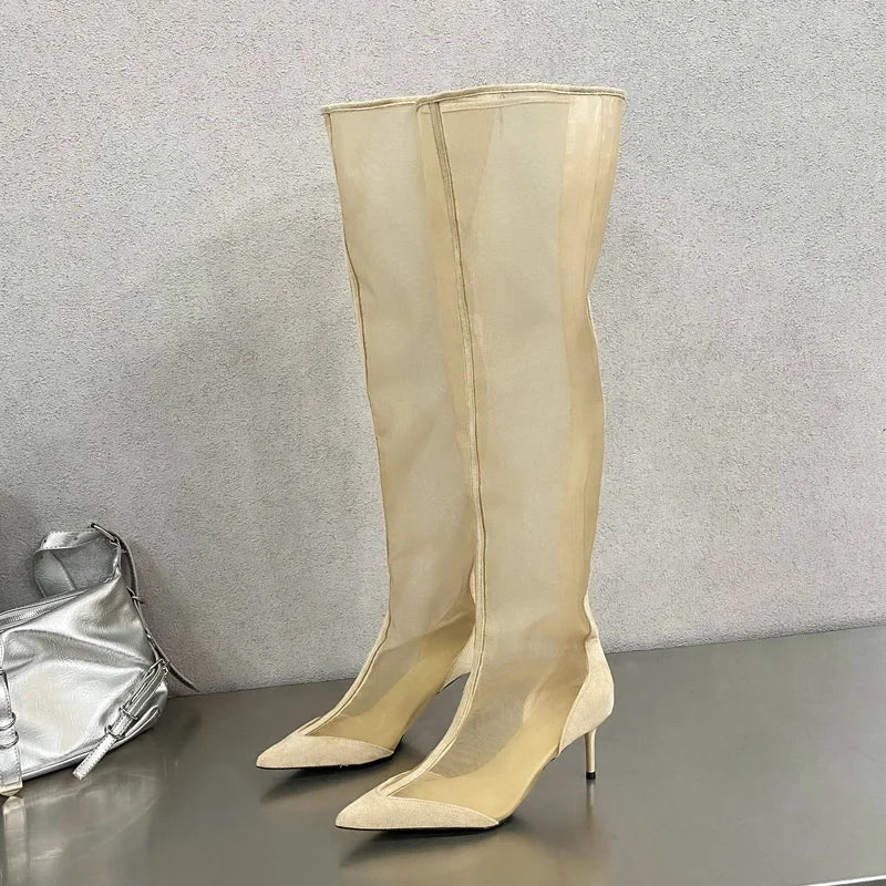 Eilyken Mesh Pointed Toe Over-the-Knee Boot Sandals with Zipper