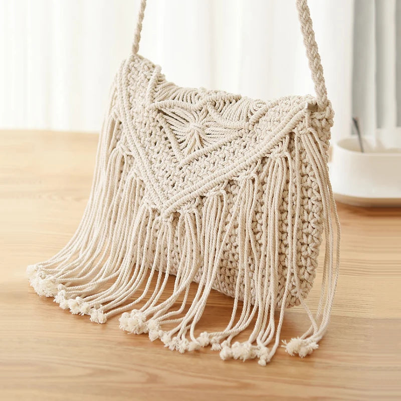Handmade Cotton Woven Tassel Crossbody Bag for Women