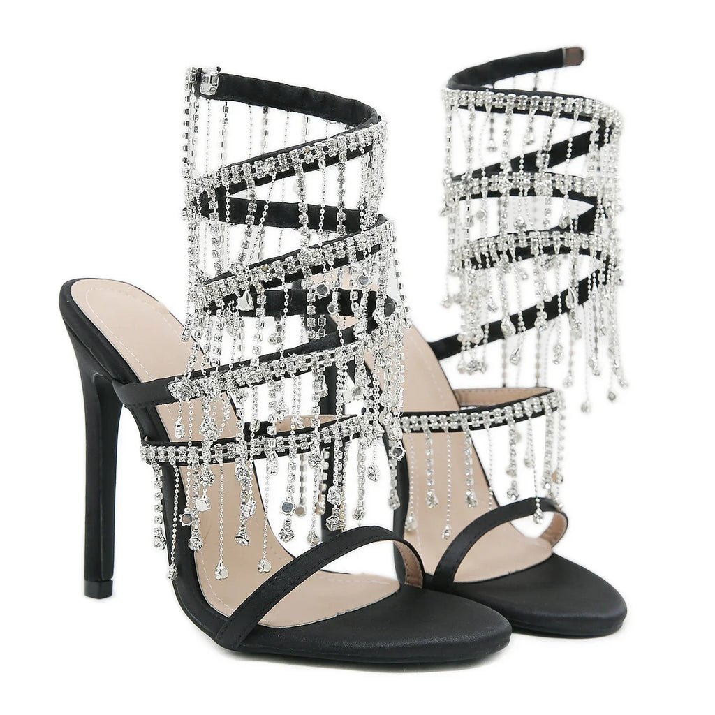 Aneikeh Silk Rhinestone String Bead Ankle Strap High Heel Sandals