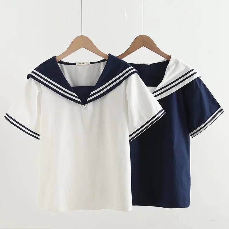 Summer Women Navy Shirts Patchwork Blouses Pullover Short Sleeve Lady Tops Sailor Collar Female Clothing