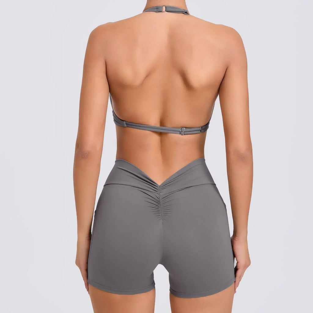 Sexy Backless Scrunch Sport Shorts Set with Pocket Women Gym Workout Clothes Yoga Training Suit for Fitness Sportswear Red Black