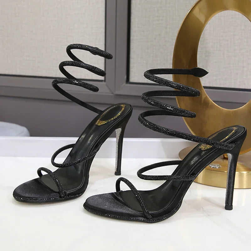 Eilyken Fashion Crystal Diamond Ankle Strap Women Sandals Sexy Open Toe Thin High Heels Nightclub Party Shoes