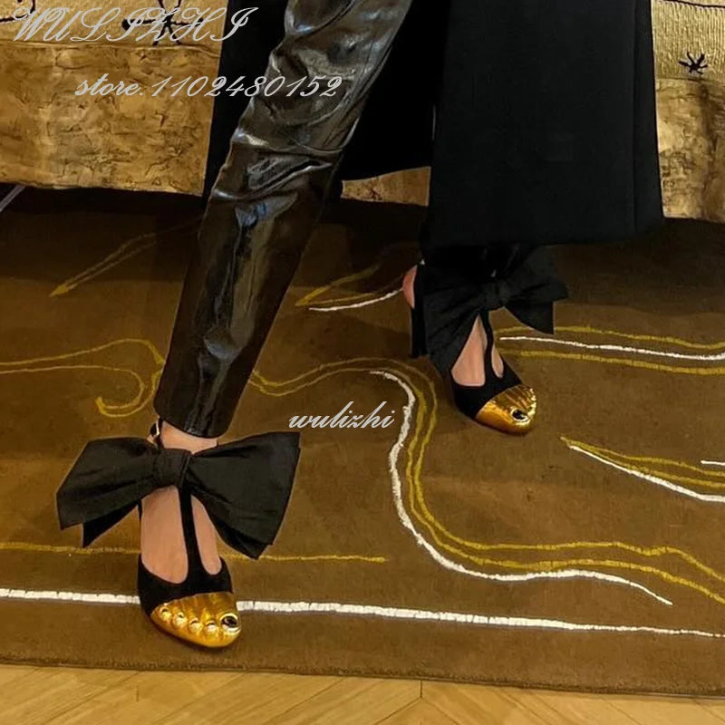 Big Bow Metallic Split Toe Stiletto Heels with Ankle Strap